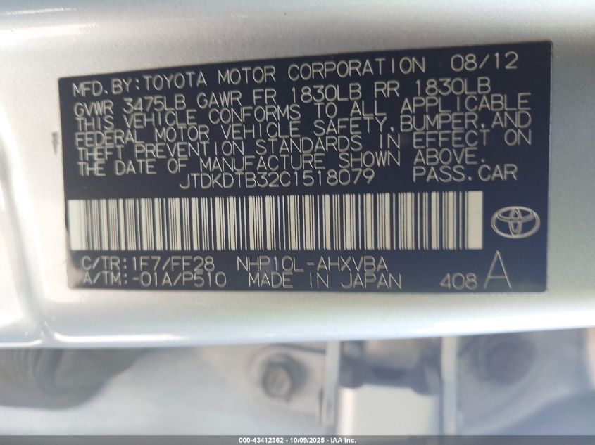 2012 Toyota Prius C Two VIN: JTDKDTB32C1518079 Lot: 43412362