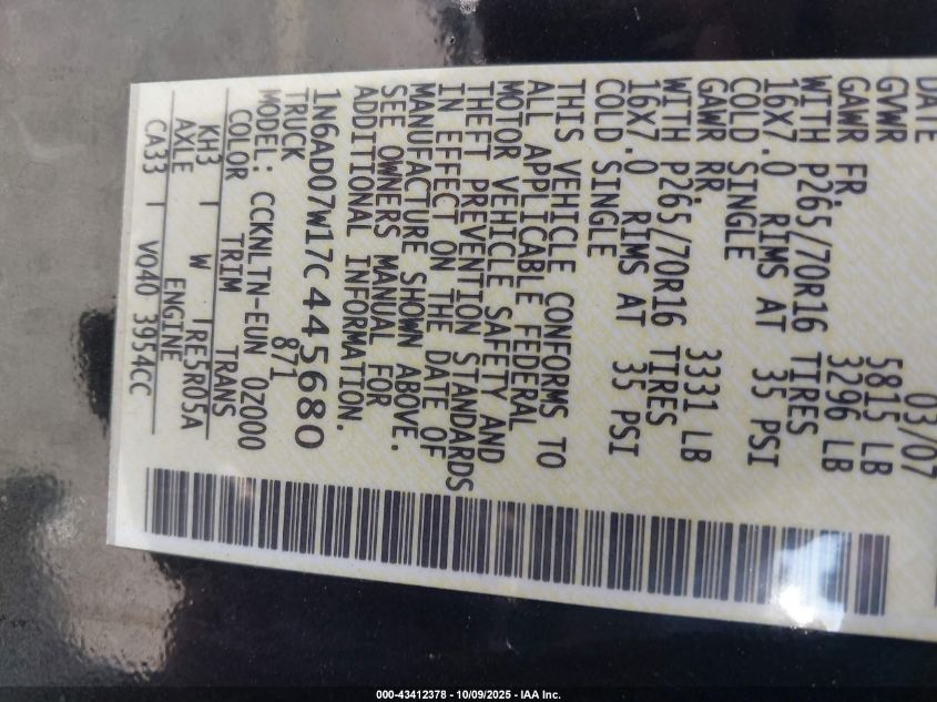 2007 Nissan Frontier Se VIN: 1N6AD07W17C445680 Lot: 43412378