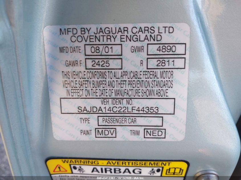 2002 Jaguar Xj8 VIN: SAJDA14C22LF44353 Lot: 43412382