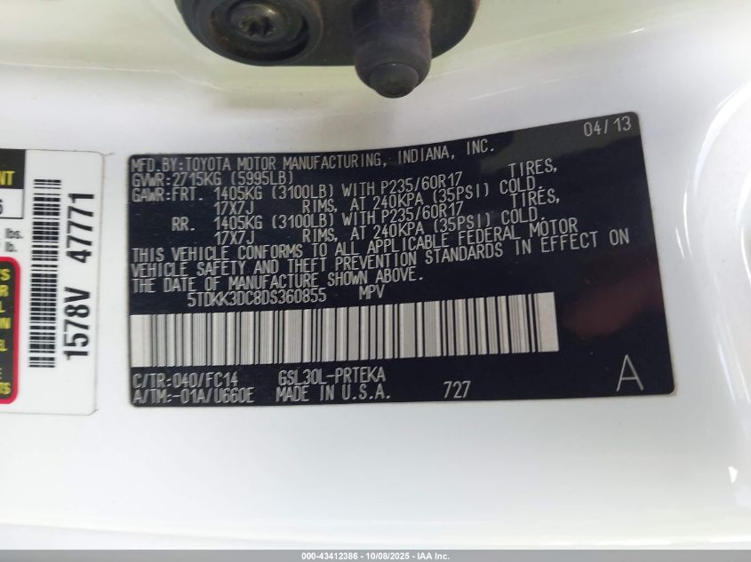 2013 Toyota Sienna Le V6 8 Passenger VIN: 5TDKK3DC8DS360855 Lot: 43412386