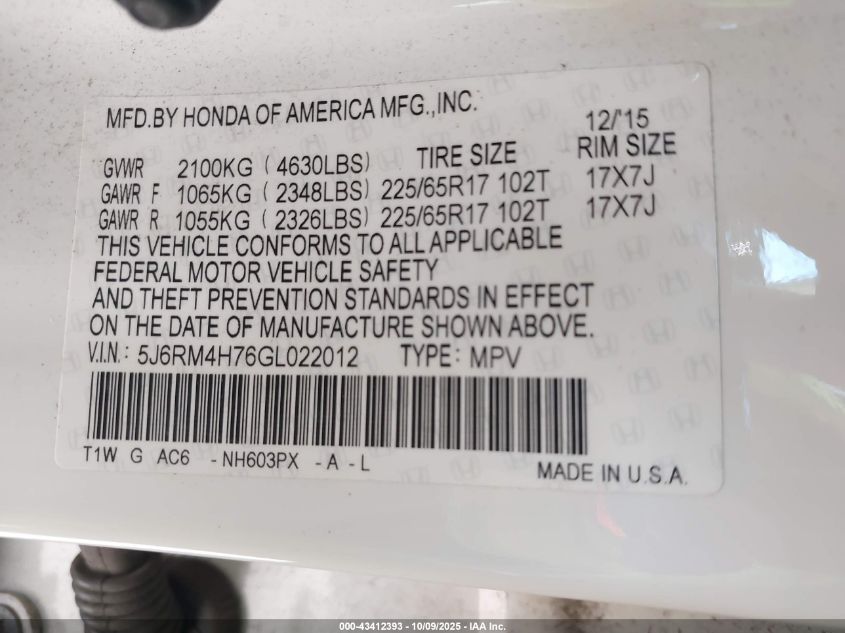 2016 Honda Cr-V Ex-L VIN: 5J6RM4H76GL022012 Lot: 43412393