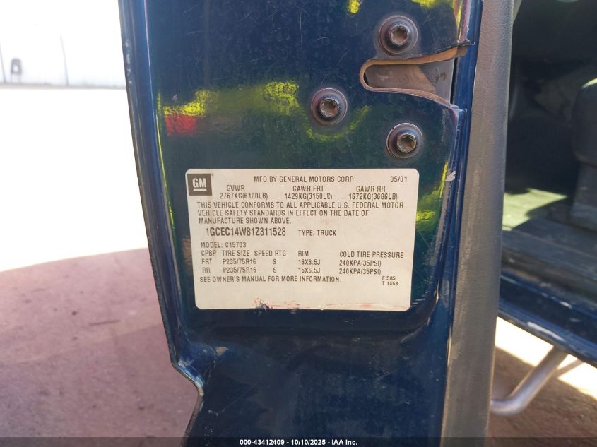 2001 Chevrolet Silverado 1500 VIN: 1GCEC14W81Z311528 Lot: 43412409