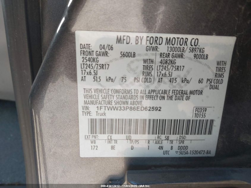 2006 Ford F-350 Lariat/Xl/Xlt VIN: 1FTWW33P86ED62592 Lot: 43412412