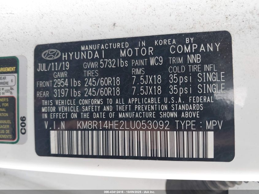 2020 Hyundai Palisade Se VIN: KM8R14HE2LU053092 Lot: 43412416