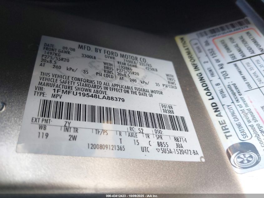 2008 Ford Expedition Limited VIN: 1FMFU19548LA88379 Lot: 43412423