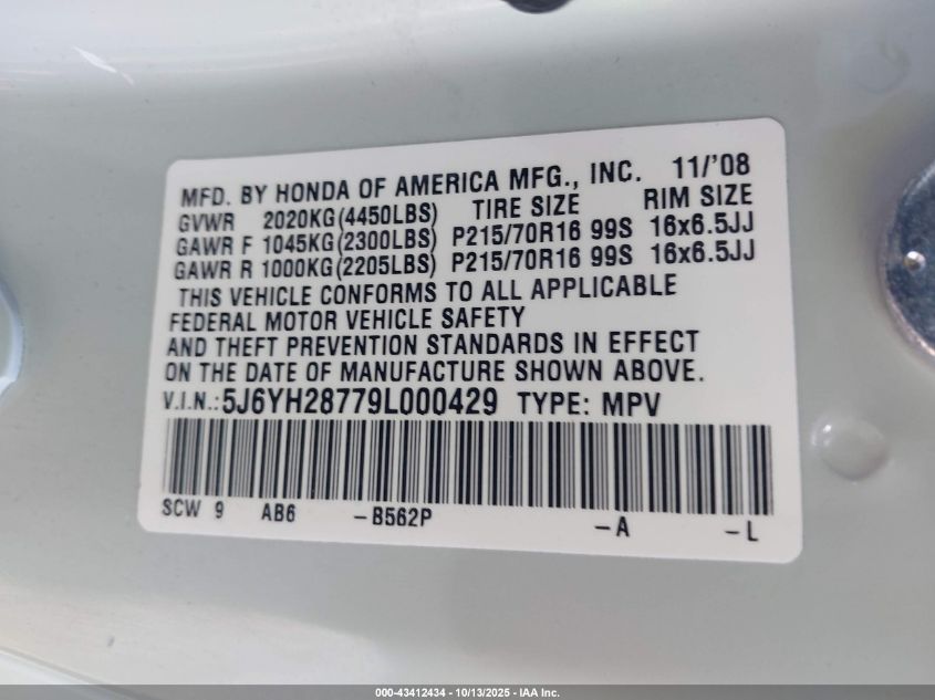 2009 Honda Element Ex VIN: 5J6YH28779L000429 Lot: 43412434