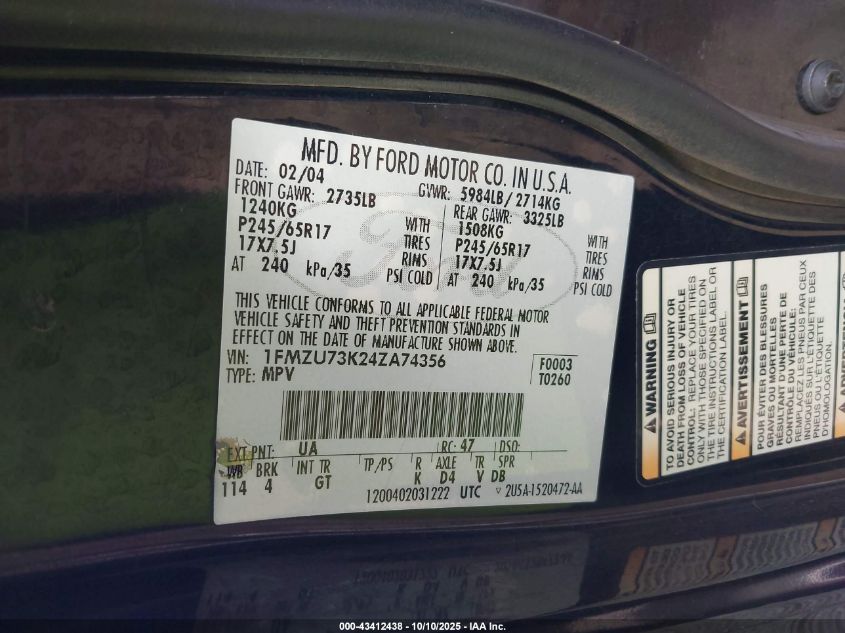 2004 Ford Explorer Nbx/Xlt VIN: 1FMZU73K24ZA74356 Lot: 43412438