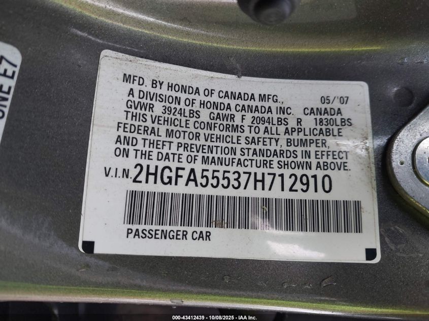 2007 Honda Civic Si VIN: 2HGFA55537H712910 Lot: 43412439