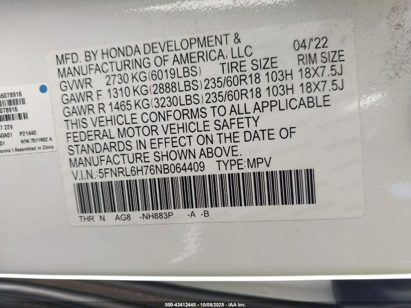 2022 Honda Odyssey Ex-L VIN: 5FNRL6H76NB064409 Lot: 43412445