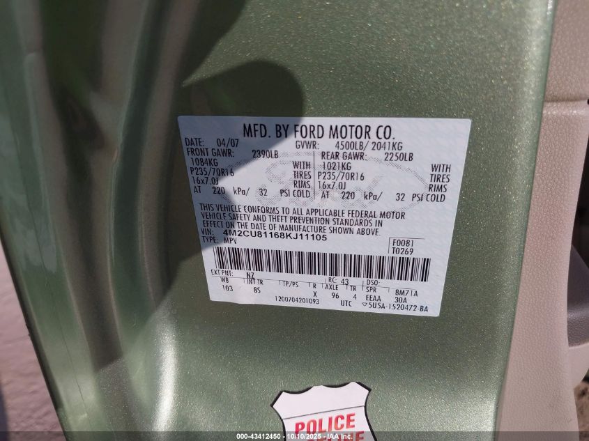 2008 Mercury Mariner V6 VIN: 4M2CU81168KJ11105 Lot: 43412450