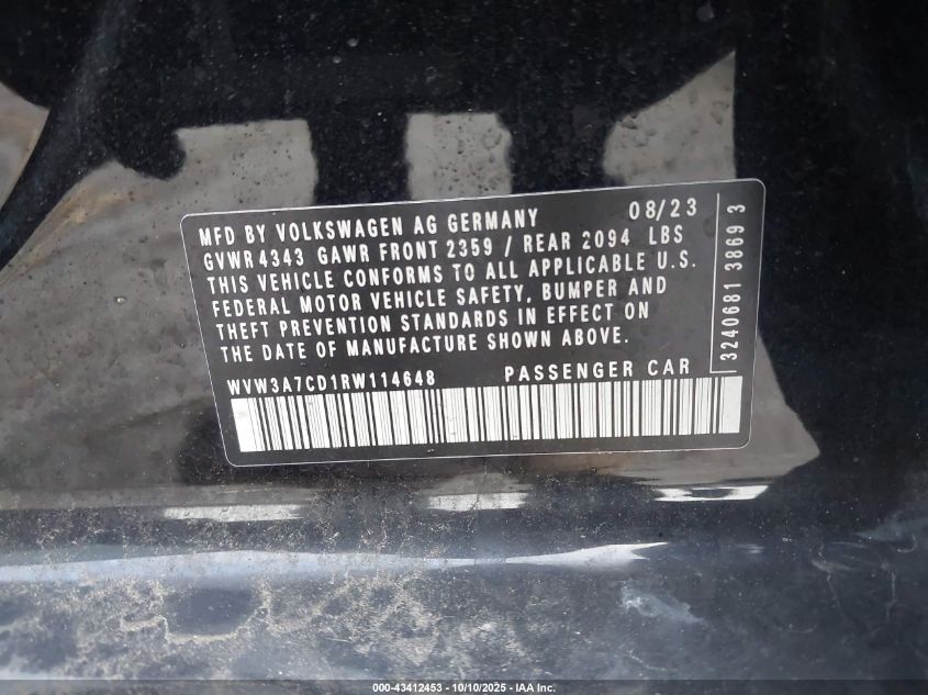 2024 Volkswagen Golf Gti 2.0T Se VIN: WVW3A7CD1RW114648 Lot: 43412453