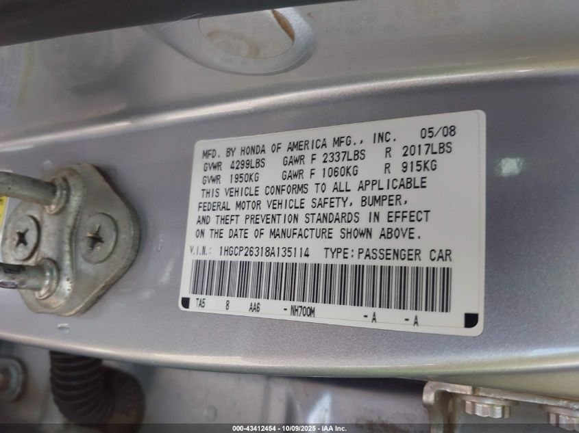 2008 Honda Accord 2.4 Lx VIN: 1HGCP26318A135114 Lot: 43412454