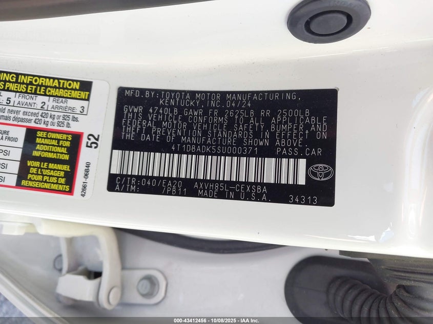 2025 Toyota Camry Se VIN: 4T1DBADK5SU000371 Lot: 43412456