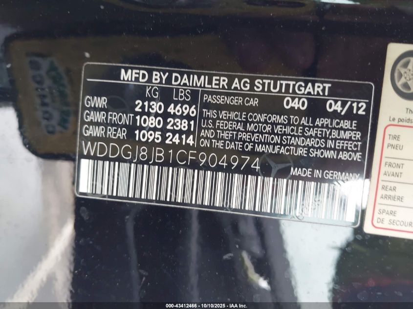 2012 Mercedes-Benz C 350 Sport 4Matic VIN: WDDGJ8JB1CF904974 Lot: 43412466