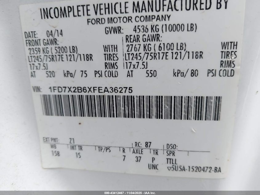 2015 Ford F-250 Xl VIN: 1FD7X2B6XFEA36275 Lot: 43412467