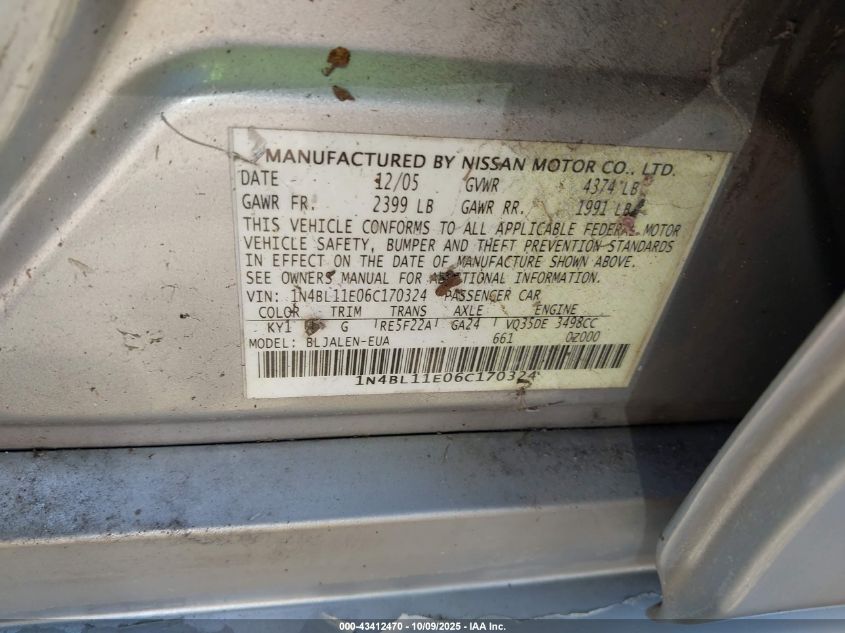 2006 Nissan Altima 3.5 Se-R VIN: 1N4BL11E06C170324 Lot: 43412470