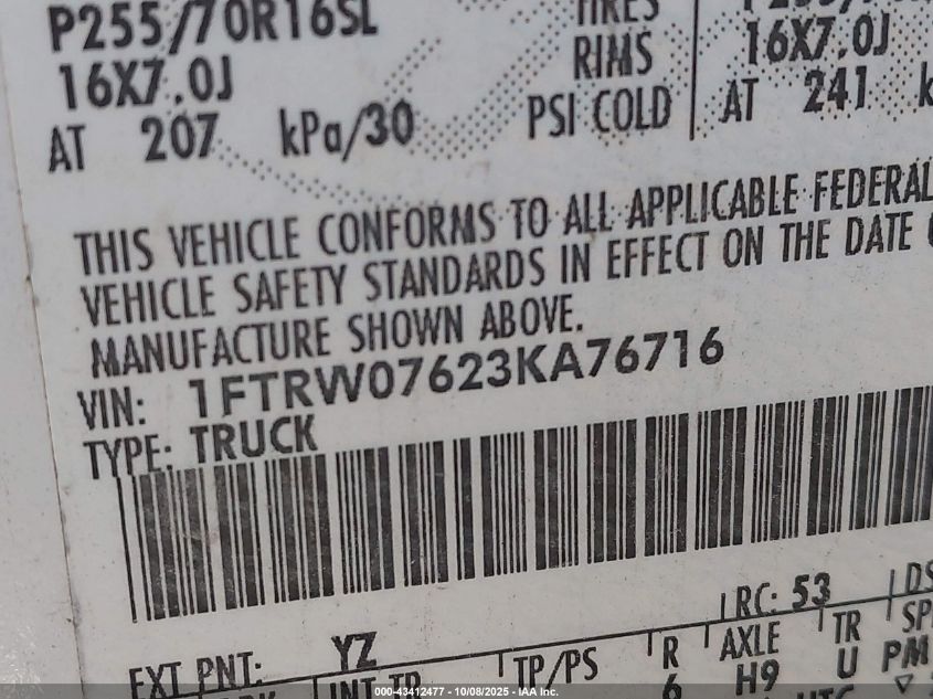2003 Ford F-150 Lariat/Xlt VIN: 1FTRW07623KA76716 Lot: 43412477