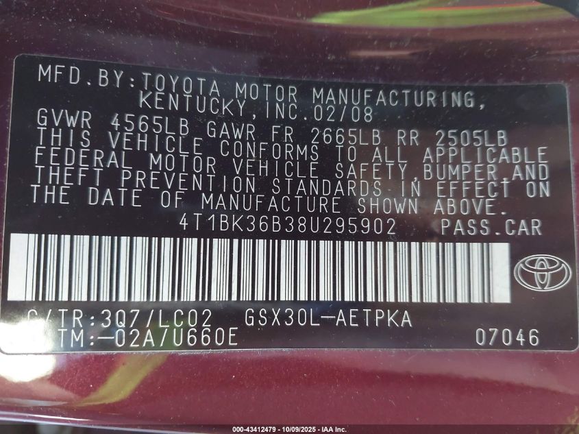 2008 Toyota Avalon Limited VIN: 4T1BK36B38U295902 Lot: 43412479