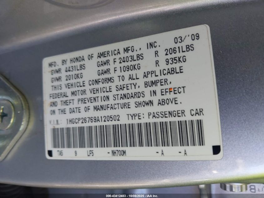 2009 Honda Accord 2.4 Ex VIN: 1HGCP26769A120502 Lot: 43412483