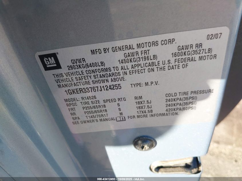 2007 GMC Acadia Slt-1 VIN: 1GKER33767J124255 Lot: 43412493
