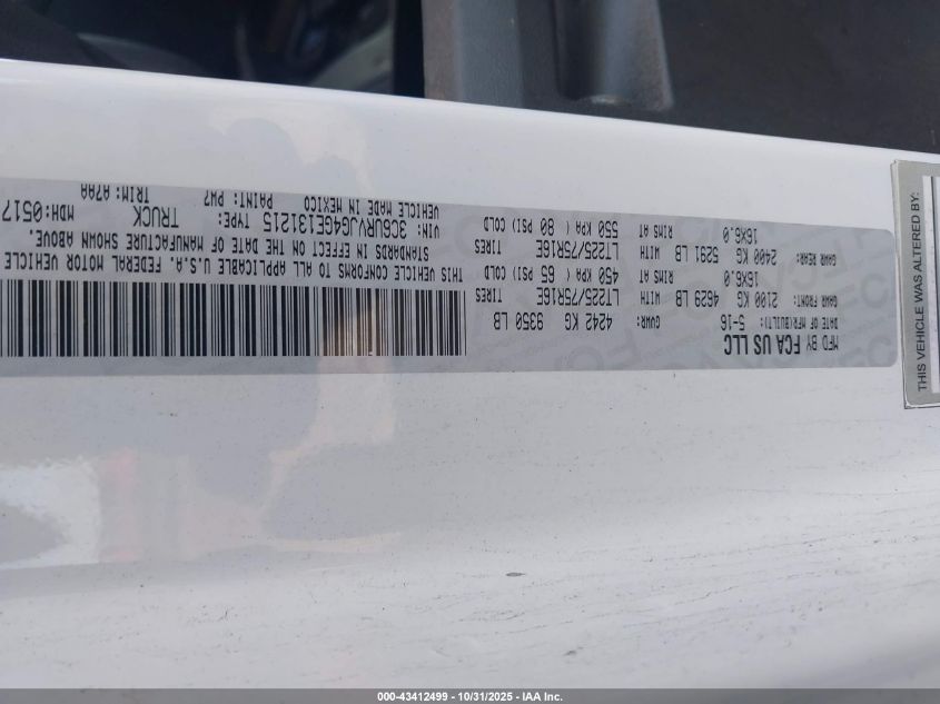 2016 Ram Promaster 3500 High Roof VIN: 3C6URVJG4GE131215 Lot: 43412499