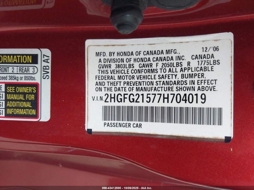 2007 Honda Civic Si VIN: 2HGFG21577H704019 Lot: 43412500