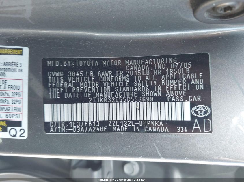 2005 Toyota Matrix Xr VIN: 2T1KR32E55C553698 Lot: 43412517