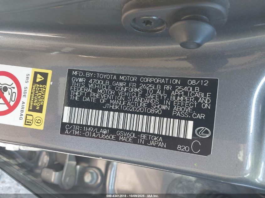 2013 Lexus Es 350 VIN: JTHBK1GG2D2010890 Lot: 43412518