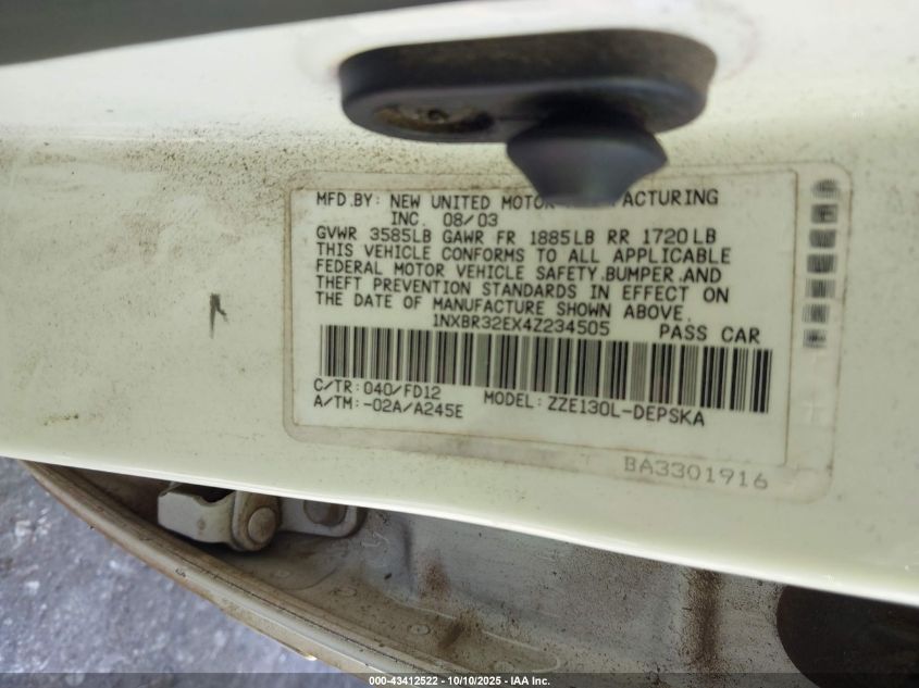 2004 Toyota Corolla S VIN: 1NXBR32EX4Z234505 Lot: 43412522