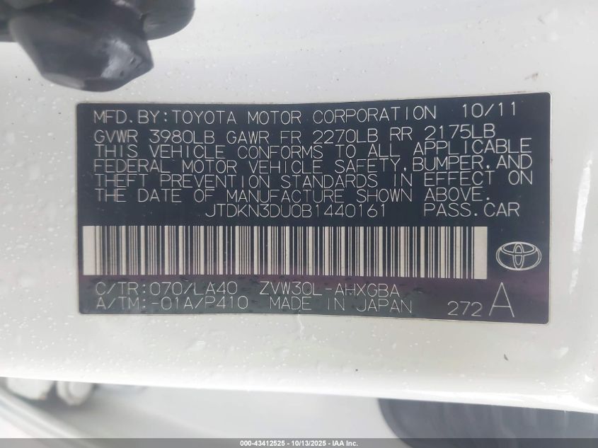 2011 Toyota Prius Four VIN: JTDKN3DU0B1440161 Lot: 43412525