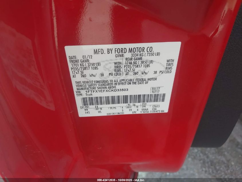 2012 Ford F-150 Xl VIN: 1FTFX1EFXCKD33503 Lot: 43412535