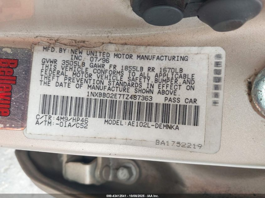 1996 Toyota Corolla Dx VIN: 1NXBB02E7TZ487363 Lot: 43412541