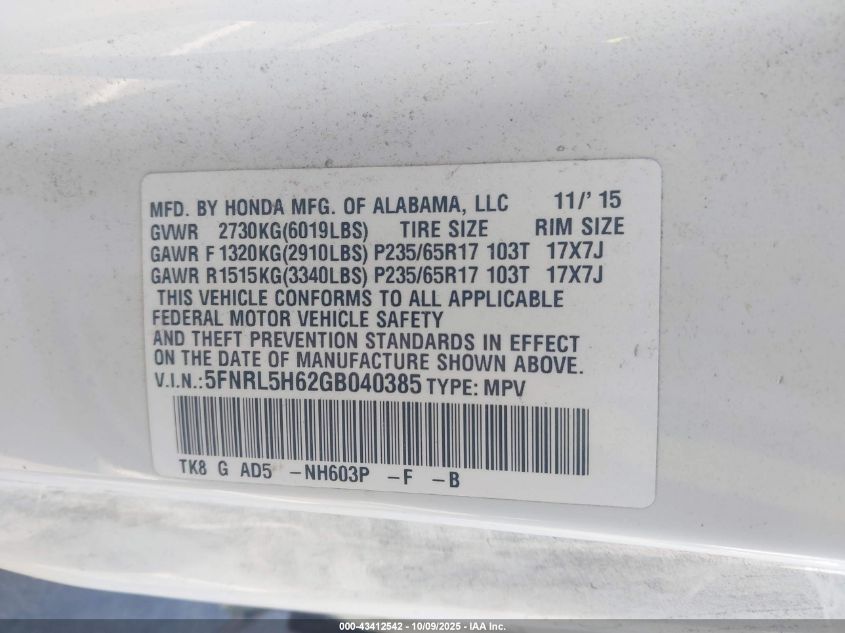 2016 Honda Odyssey Ex-L VIN: 5FNRL5H62GB040385 Lot: 43412542