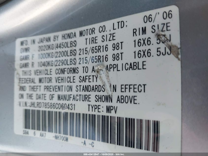 2006 Honda Cr-V Lx VIN: JHLRD78586C060431 Lot: 43412547