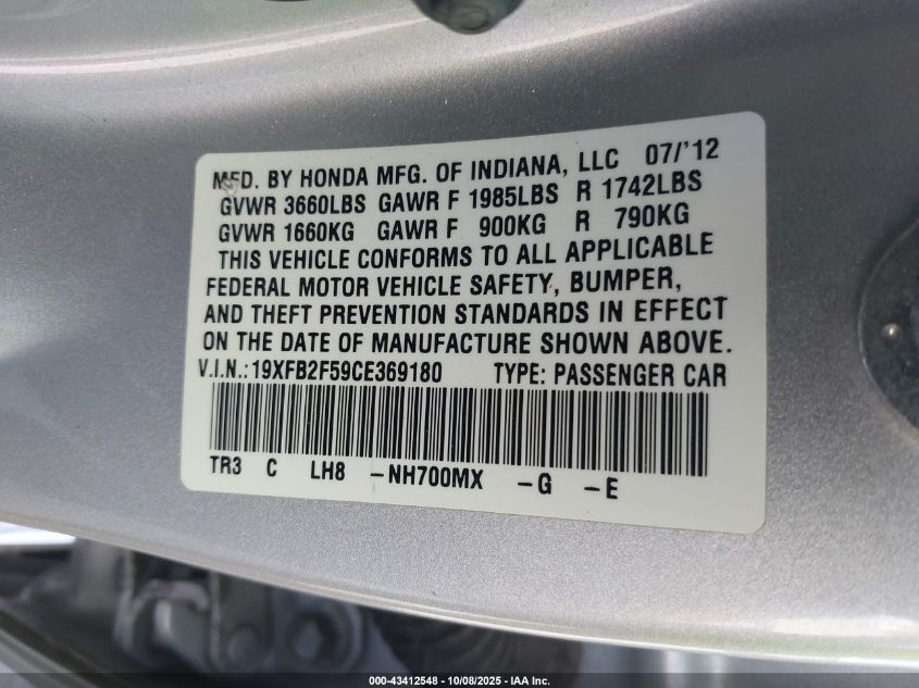 2012 Honda Civic Lx VIN: 19XFB2F59CE369180 Lot: 43412548