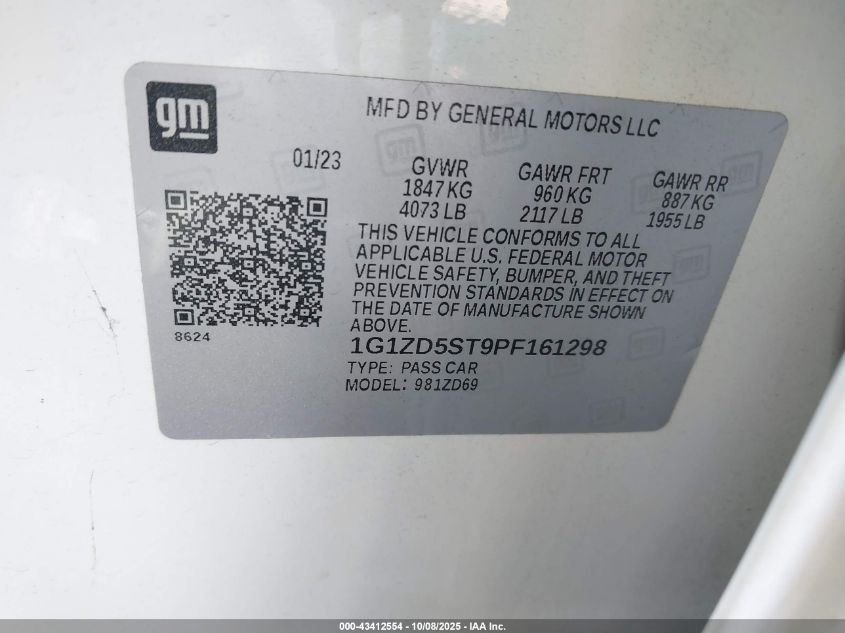 2023 Chevrolet Malibu Fwd 1Lt VIN: 1G1ZD5ST9PF161298 Lot: 43412554