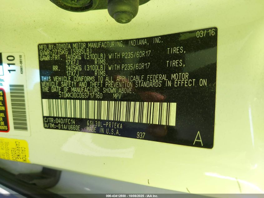 2016 Toyota Sienna Le 8 Passenger VIN: 5TDKK3DC0GS717160 Lot: 43412558