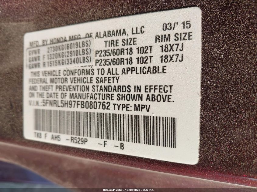 2015 Honda Odyssey Touring/Touring Elite VIN: 5FNRL5H97FB080762 Lot: 43412560