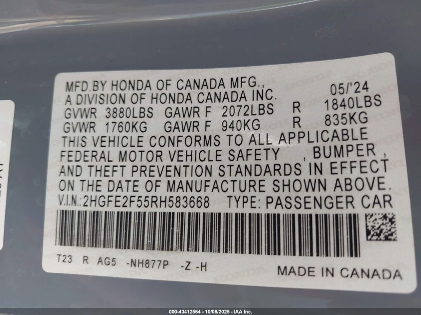 2024 Honda Civic Sport VIN: 2HGFE2F55RH583668 Lot: 43412564