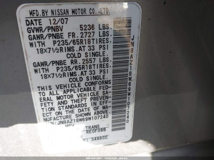 2009 Nissan Murano Sl VIN: JN8AZ18W69W107240 Lot: 43412567
