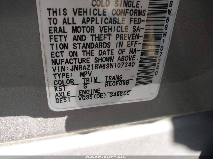 2009 Nissan Murano Sl VIN: JN8AZ18W69W107240 Lot: 43412567