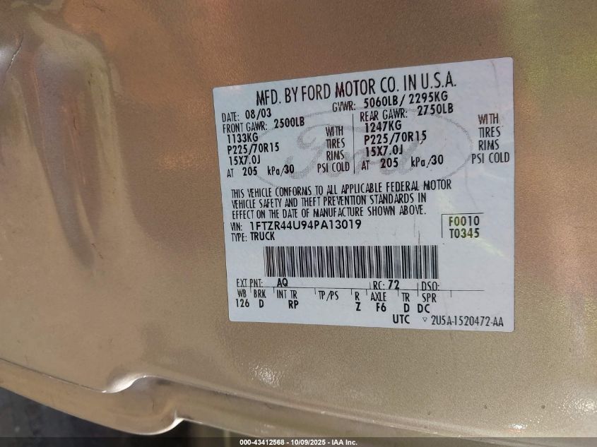2004 Ford Ranger Edge/Tremor/Xlt VIN: 1FTZR44U94PA13019 Lot: 43412568