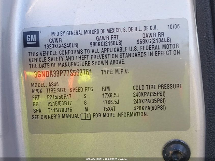 2007 Chevrolet Hhr Lt VIN: 3GNDA33P77S563761 Lot: 43412571