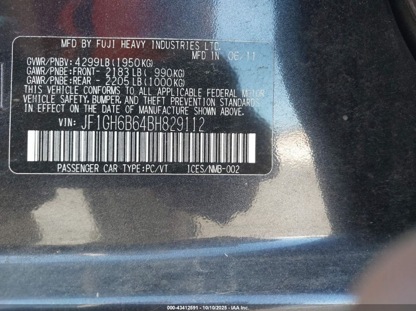 2011 Subaru Impreza 2.5I Premium VIN: JF1GH6B64BH829112 Lot: 43412591