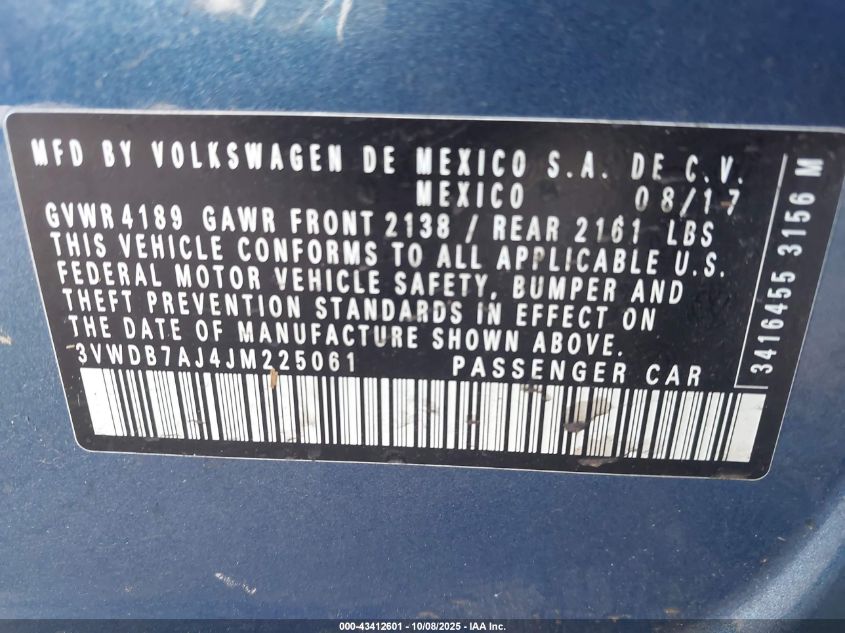 2018 Volkswagen Jetta 1.4T Se/1.4T Wolfsburg Edition VIN: 3VWDB7AJ4JM225061 Lot: 43412601