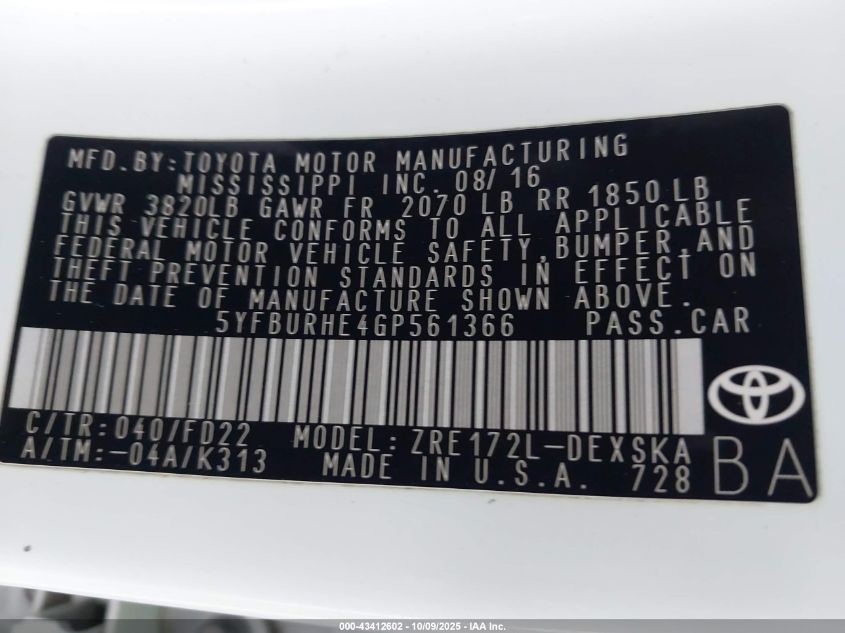 2016 Toyota Corolla S Plus VIN: 5YFBURHE4GP561366 Lot: 43412602