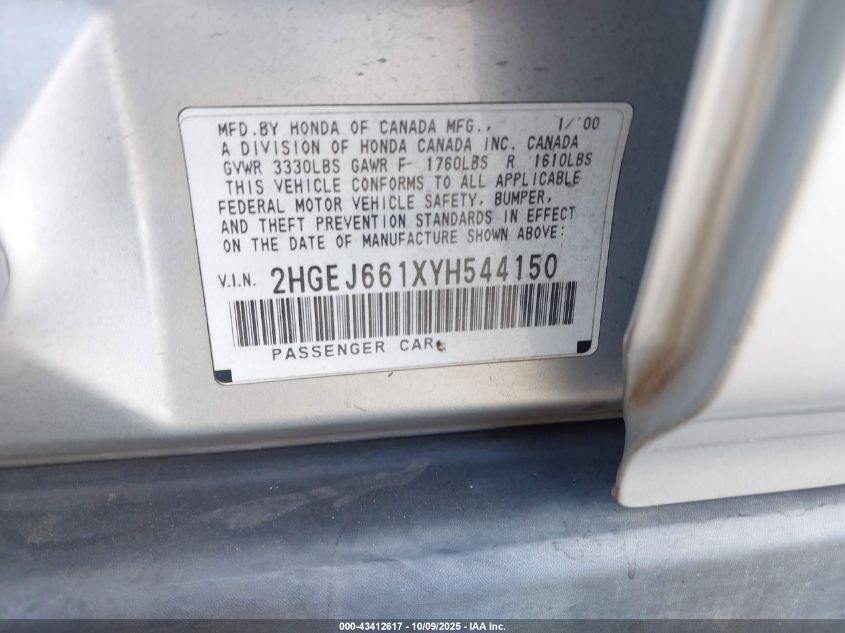 2000 Honda Civic Value Package VIN: 2HGEJ661XYH544150 Lot: 43412617