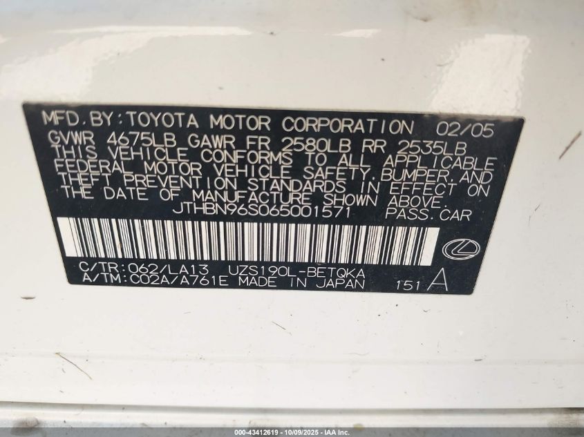 2006 Lexus Gs 430 VIN: JTHBN96S065001571 Lot: 43412619