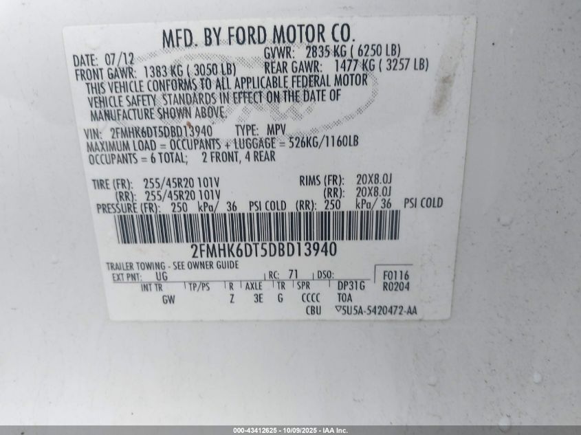 2013 Ford Flex Limited VIN: 2FMHK6DT5DBD13940 Lot: 43412625