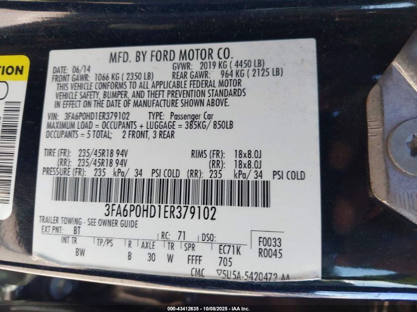 2014 Ford Fusion Se VIN: 3FA6P0HD1ER379102 Lot: 43412635